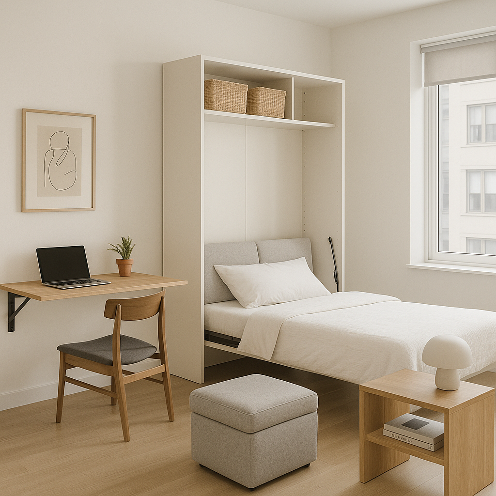 A modern small apartment living room with space-saving furniture, including a wall-mounted desk, foldable bed, and storage ottoman. Banner for Nested.pk blog titled “How Nested.pk Supports Local Artisans & Vendors in Pakistan.
