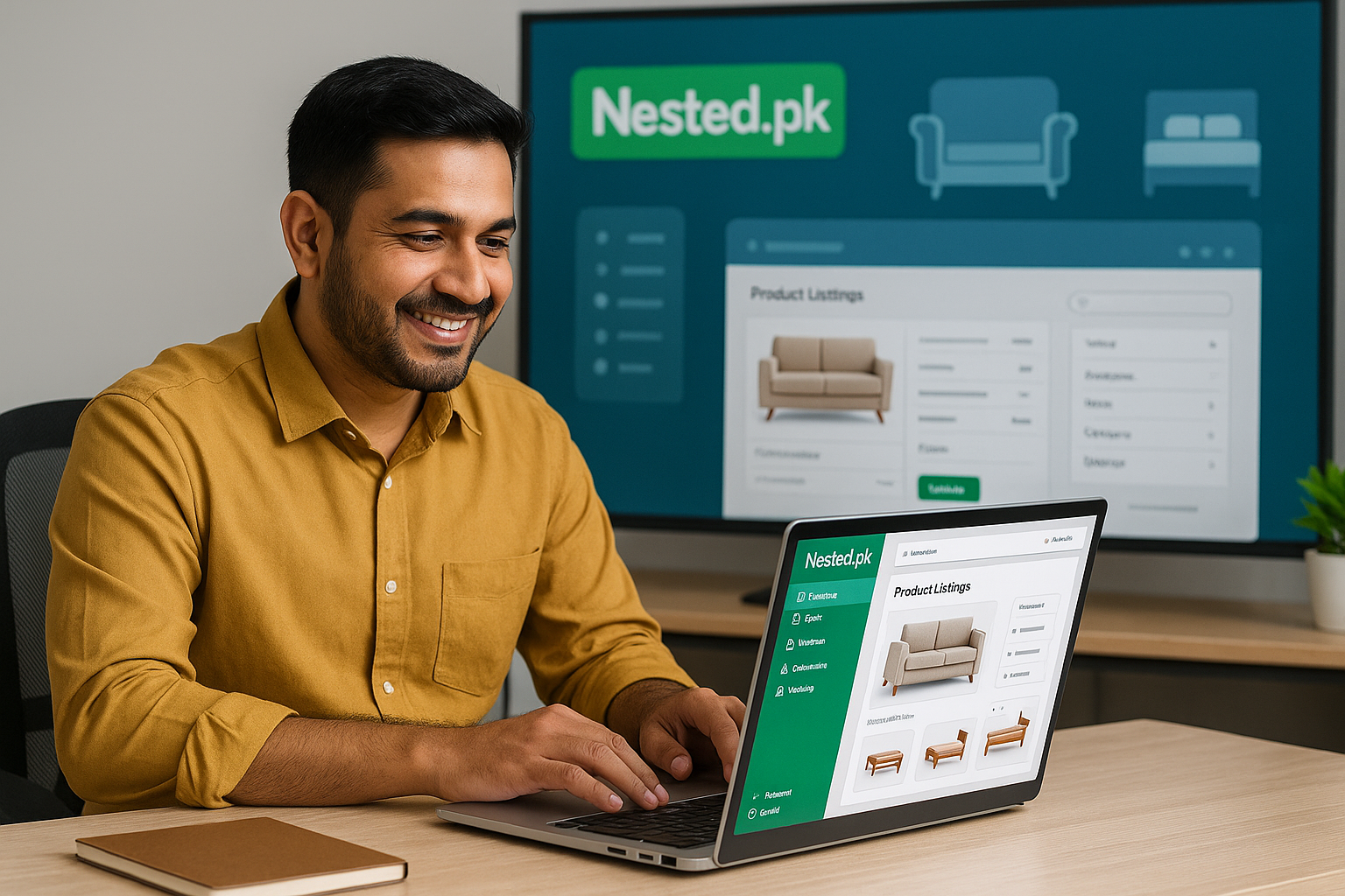 Pakistani furniture vendor using Nested.pk online marketplace to upload and manage product listings