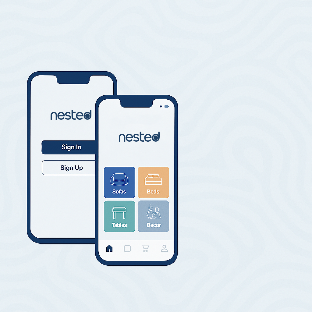 "Nested.pk mobile app interface showing login and furniture category options (Sofas, Beds, Tables, Décor) for buyers and vendors."